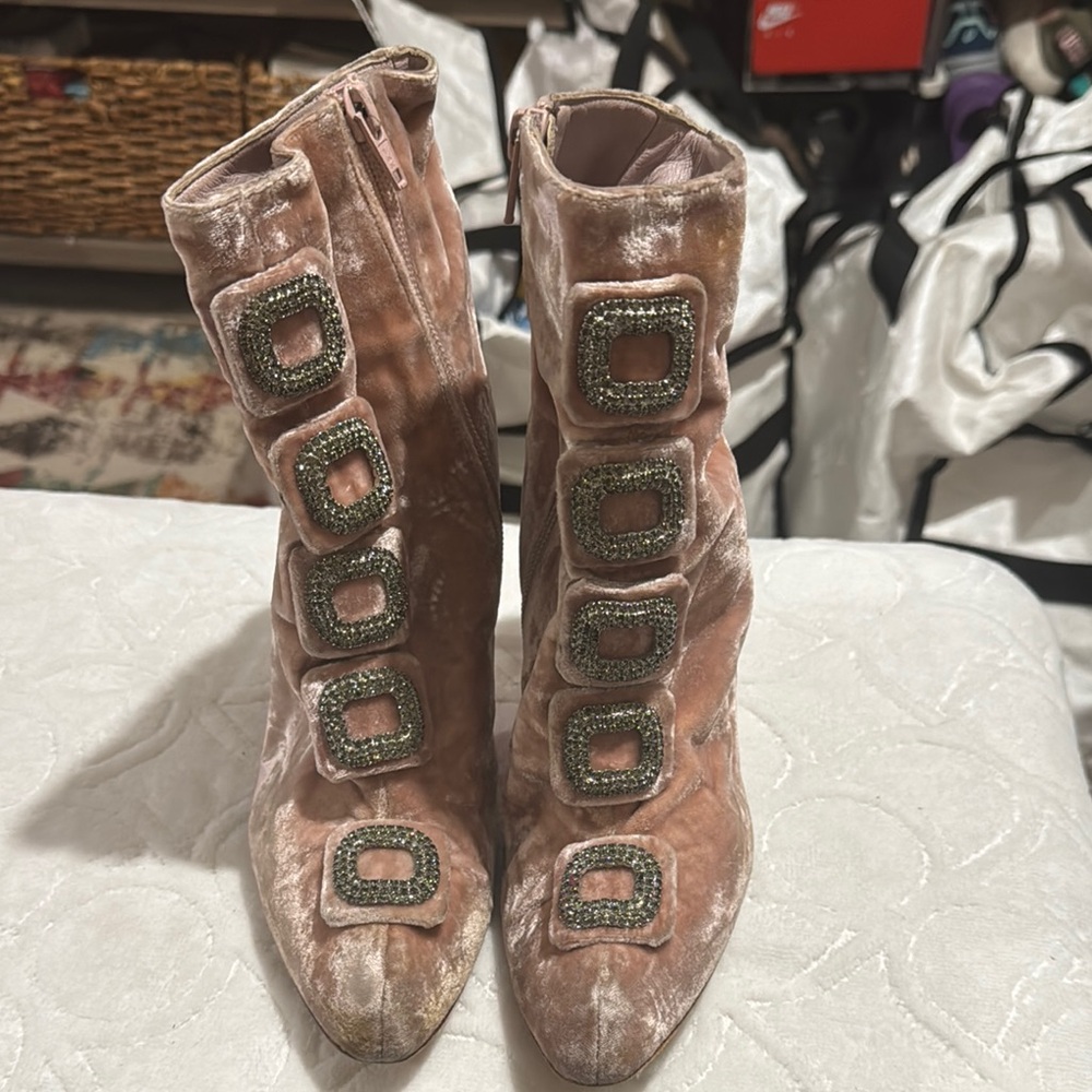 Manolo Velvet Embellished Ankle Boots
